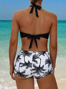 Swim Lushoire Women's Beach Vacation Casual Halter Bikini Set - Black - View 2