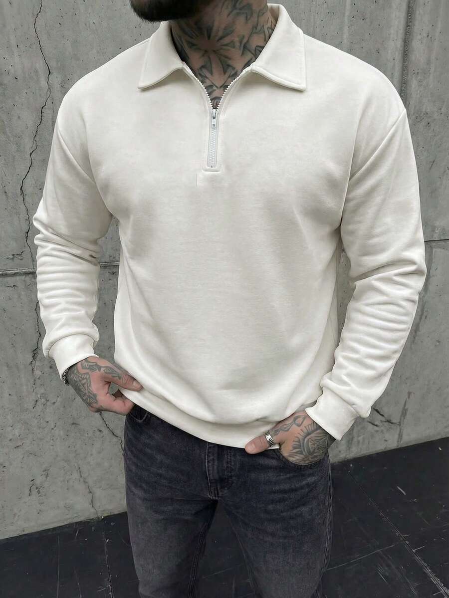 Manfinity VCAY Sweat-shirt décontracté pour homme, col à revers, demi-zip, épaules tombantes, coupe ample, couleur unie, idéal pour les trajets quotidiens, printemps/automne - Nude - Voir 1