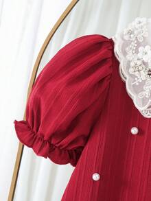 年轻女孩优雅可爱的红色串珠领短袖连衣裙 - 酒紅色 - 查看 4