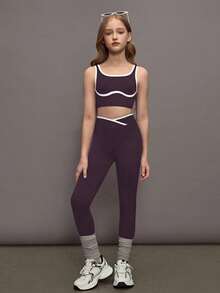 SHEIN 少女瑜伽撞色无缝运动套装健身紧身裤两件套运动两件套健身服两件套运动套装活力两件套黑色两件套运动套装 - 紫色 - 查看 5