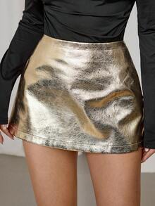 SHEIN PETITE Gold Fitted Low Waisted Mini Skirt, Metallic Leather Skirt, Fall Skirt, Holiday Skirt, Women's Concert Skirt, Women's Skirts, Party Mini Skirts, Sparkly Mini Skirts, Mini Skirts For A Sparkly And Elegant Outing, Christmas Skirts - Gold - View 2