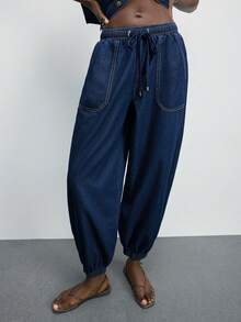 Maija Women's Casual Loose Drawstring Waist Jeans - Dark Wash - View 1