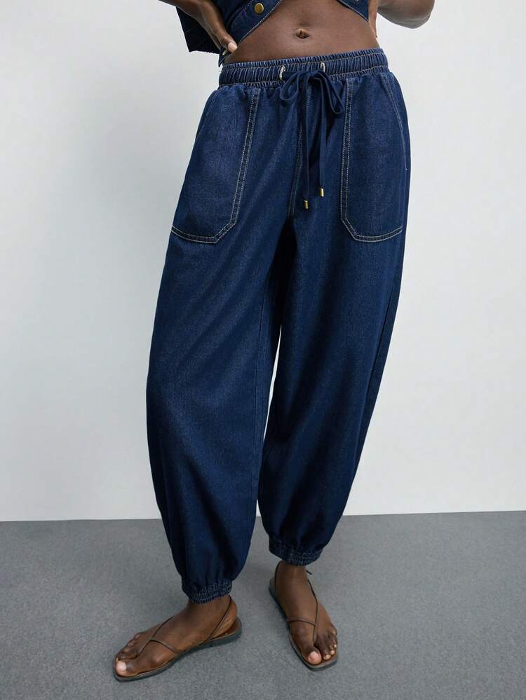 SHEIN Maija Women's Casual Loose Drawstring Waist Jeans,Low-Rise Balloon Pants, Summer Harem Pants