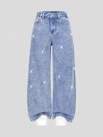 SHEIN Jeans de pierna ancha con cintura elástica cómoda, detalles de diamantes de planchado, estilo urbano chic Y2K, un elemento de moda imprescindible para niñas adolescentes