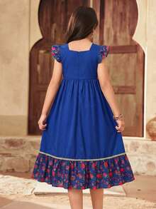 Tween Girls Elegant Blue Floral Summer Dress,Comfortable Patchwork Color Block Party Wear,Casual Vacation Festivals Spring Style For Kids - Multicolor - View 2