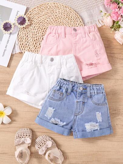 SHEIN 3pcs/Set Baby Girl Blue, White, Pink Denim Frayed Hem Shorts, Spring And Summer Casual Vacation Country Boho Wear, Beach For, Comfortable And Soft Denim Shorts