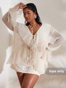 SHEIN BAE 大码女式V领系带荷叶边拼接休闲通勤长袖衬衫，春假薄纱罩衫，优雅女士衬衫，宽松休闲杏色衬衫，情人节完美之选。 - 白色 - 查看 6