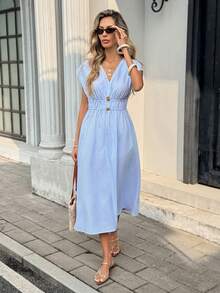 Serisse 女士V领条纹印花休闲度假中长连衣裙 - 藍白色 - 查看 4