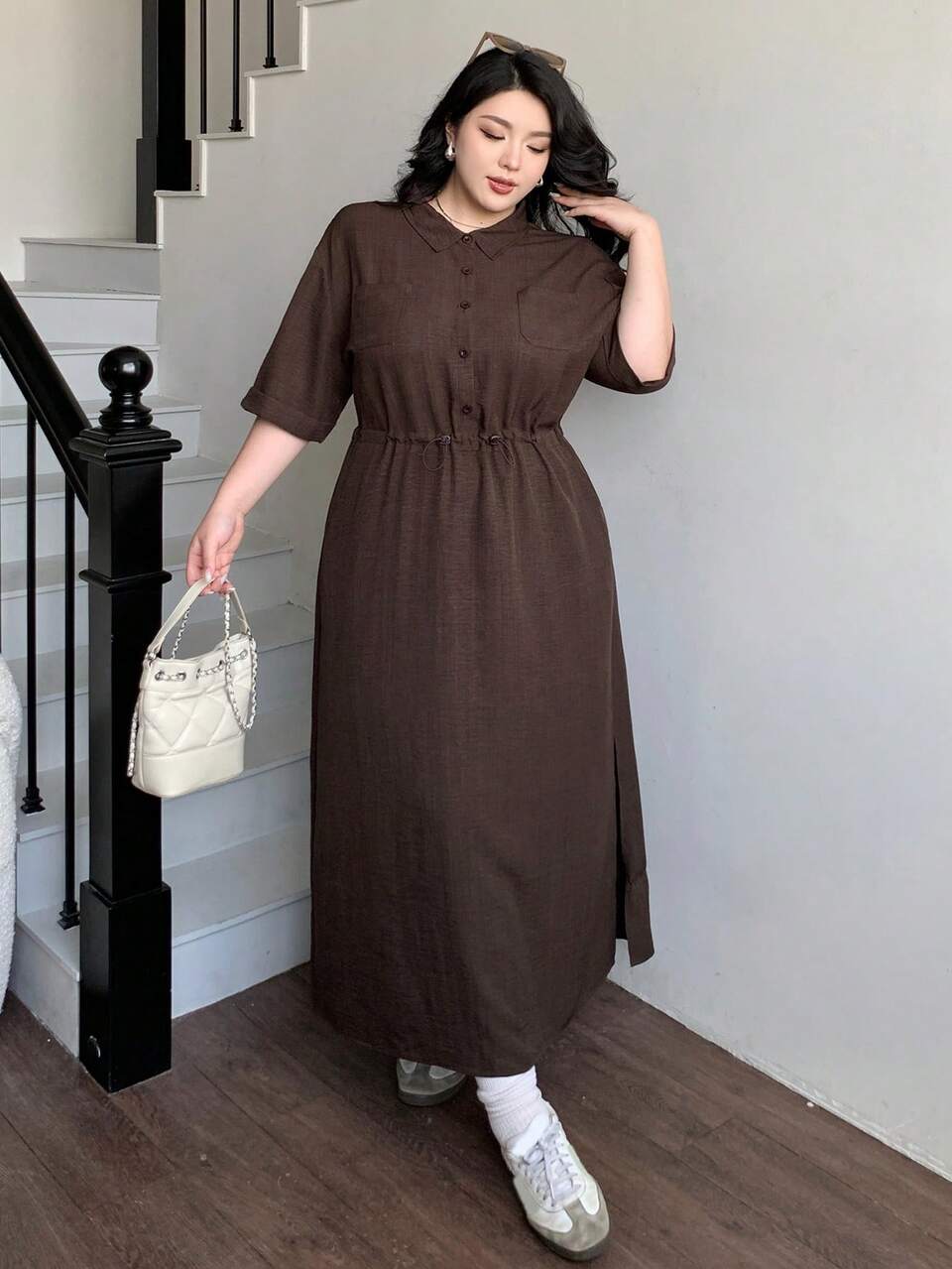 Dazy Plus Plus Size Fashionable Solid Color Shirt Collar Loose Cinched Waist Casual Long Side Slit Dress, College Style, Spring/Summer Short Sleeve Maxi Dress