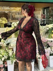 GalTyme 大码女式前系带蕾丝喇叭袖性感时尚春夏连衣裙 - 彩色 - 查看 4