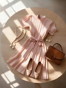 GlowEve Elegant Romantic Vacation Valentine's Day Party Pleated Tie-Up Bow Dress For Women - Baby Pink - View 1
