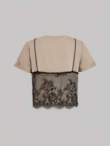 SHEIN MOD 2pcs Summer White And Brown Casual Lace Spliced Round Neck Short Sleeve T-Shirt (2 In 1),Crop Top White Top Y2k Clothes Y2K Top Summer Tops Crop Top Graphic Sleeveless Graphic Tee Lace Tops Date Night Tops See Through Tops - Multicolor - View 8