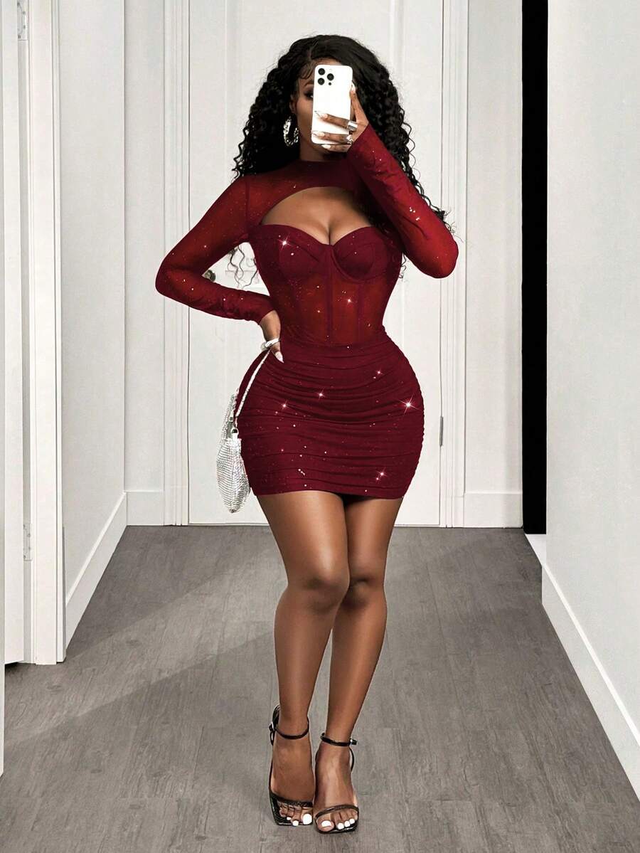 BamGleam Sequin Mesh Steel Boned Long Sleeve Women Dress, Autumn/Winter - Burgundy - View 1
