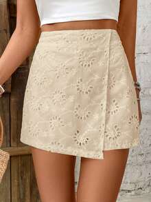 SHEIN Frenchy 女士休闲不对称下摆蜡染刺绣半身裙裤 - 杏色 - 查看 3