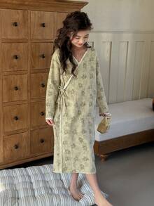 DAZY Tween Girls Botanical Print Wrap Nightgown Loungewear - Green - View 5