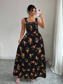 SHEIN Elenzya 大码女式玫瑰印花方领荷叶袖系腰露背蝴蝶结A字长裙，休闲通勤百搭优雅田园浪漫约会法式街头复古海滩度假夏季 - 彩色 - 查看 7