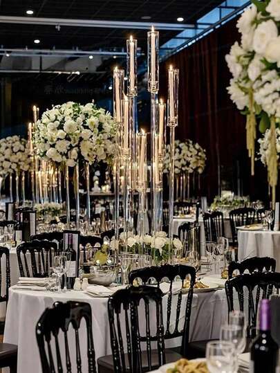 2PCS 8 Arms Clear Candlesticks Holder For WeddingDecorations, 26 Inches Tall Arcylic Candelabra CandleHolder With Shade For Valentines Day Events Party TableCenterpiece, Fit LED Candles