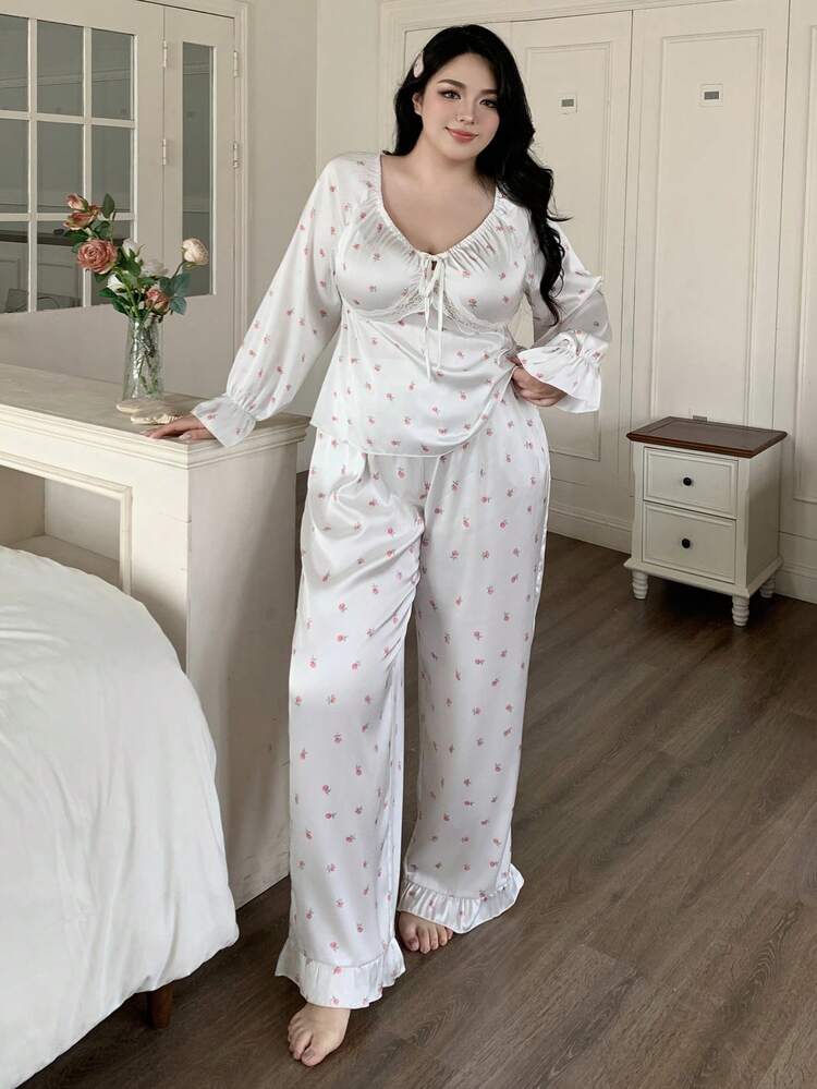 Dazy Plus Plus Size Women 2 Pieces Floral Contrast Lace Flare Sleeve Waist Cinched Top And Straight Leg Long Pants Pajama Set, Spring/Summer