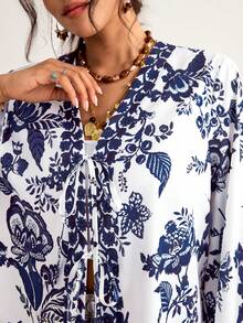 SHEIN LUNE 大码女式春夏蓝白印花长袖衬衫，前系带设计，中系带，波西米亚风度假风，90年代日常穿着衬衫 - 藍白色 - 查看 4