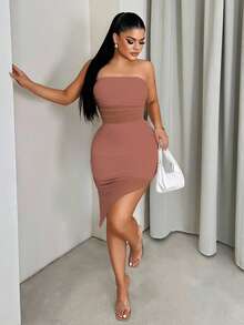 Sirith 女士纯色抹胸网纱拼接不对称下摆无袖连衣裙 - 藕粉色 - 查看 4