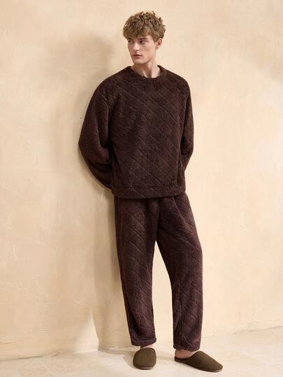 复古英伦风舒适休闲双面绒面提花圆领套头衫外套，适合男士居家穿着，长袖T恤