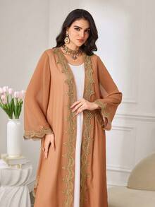 Al Najma Women's Elegant Luxurious Golden Heavy Embroidery Lace Collar & Cuff Sequin Decor Hollow-Out Splice Ribbon Chiffon Sheer Arabic Robe Feminine Style - Khaki - View 6
