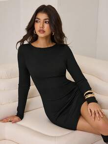 Aidyla Elegant Women's Black Bodycon Mini Dress With Long Sleeves And Round Neck - Black - View 8