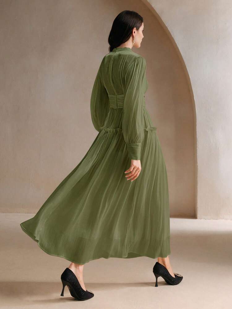 Petite Women Elegant Long Sleeve Versatile Commuter Mini Dress, Valentine's Day Dress With Cinched Waist And Bell Sleeve Design, Suitable For Spring And Autumn