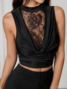SHEIN PETITE Women's Scoop Neck Lace Fitted Camisole, Spring/Summer - Black - View 10