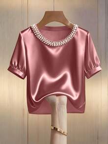 Franclia 女士优雅圆领珍珠装饰长袖T恤，适合通勤 - 粉色 - 查看 3