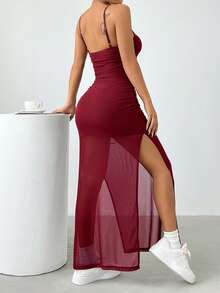 SHEIN EZwear Đầm đỏ xẻ tà bằng vải lưới, dây mảnh, thời trang nữ, đầm mùa hè, đầm ngày Valentine. - Đỏ - Xem 2