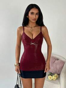 TRNVIE 女士仿PU蛇皮金属装饰时尚吊带背心 - 酒紅色 - 查看 3