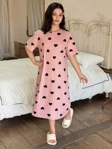 Dazy Kids Tween Girl Heart Print Loose Fit Round Neck Short Sleeve Casual Dress Spring - Pink - View 4