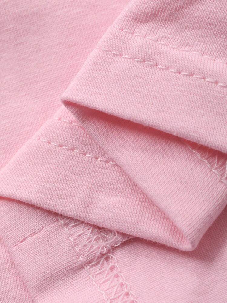 Young Girl Solid Color Round Neck Short Puff Sleeve T-Shirt With Bow Decor On Back Spring Summer