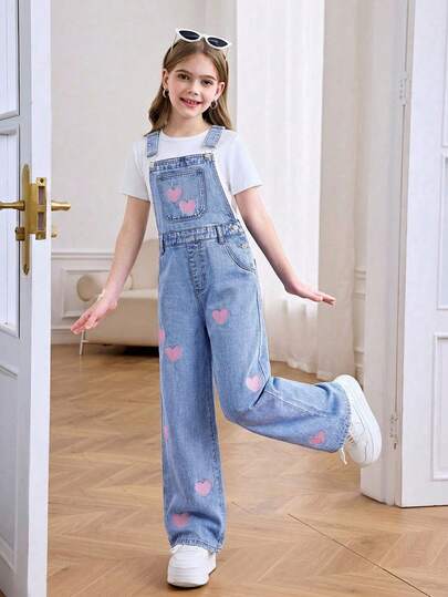 SHEIN Tween Girl Y2k Fashion Casual Patch Details Design Basic Simple Comfort Soft Holiday Denim Overalls For Girls Dailywear And Tween Girl Summer And Spring Clothes