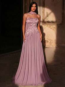 Glamrae Women's Gray-Pink Satin Strapless Dress,Beads&Rhinestones Asymmetrical Hemline,A-Line Chiffon Skirt,Adjustable Tie Waist,Formal Wedding Evening Gown - Dusty Pink - View 7