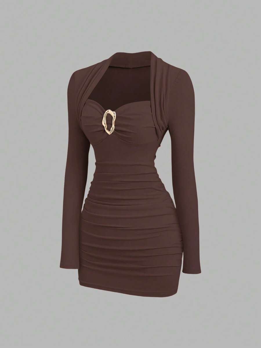Sweetra New Elegant Party Cocktail Dress, Burgundy Color With Metal Decor, Fitted Silhouette, Suitable For Christmas, Autumn/Winter - Brown - View 1