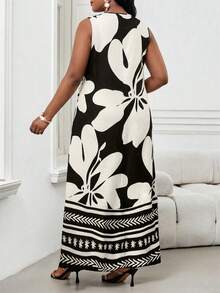 SHEIN Lady Plus Size Floral Print Notch Neck Sleeveless Casual Dress Maxi Dress Elegant Dress Long Dress Summer Dress Black And White Dress Women Maxi Dresses Summer Long Summer Dress Maxi Dress Casual Maxi Dresses For Vacation Beach Long Dress - Multicolor - View 2