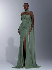 Elitara Đầm dạ hội màu xanh lá cây sang trọng, co giãn, tay bồng, thiết kế xoắn, cổ yếm, xẻ tà, dáng đuôi cá, thích hợp cho đám cưới, sự kiện, tiệc tùng, kỳ nghỉ, dạ hội và các dịp trang trọng. - Cỏ xanh - Xem 7