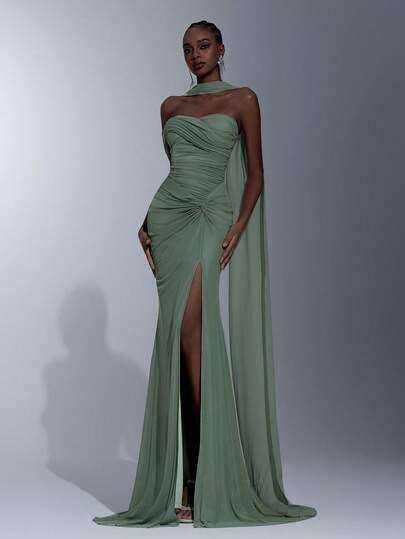 Elitara Elegante y lujoso vestido de punto elástico con diseño de manga acuchillada, cuello halter y abertura en la falda tipo sirena, en color verde. Adecuado para bodas, eventos, fiestas, vacaciones, galas y ocasiones formales.