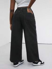 Slaydiva Plus Size Women High Waist Pockets Chain Print Loose Fit Flare Leg Jeans - Black - View 2