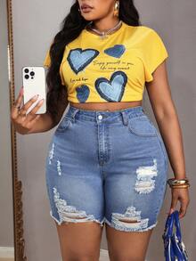 Slaydiva Plus Size High Waist Distressed Frayed Hem Skinny Denim Shorts - Blue - View 6
