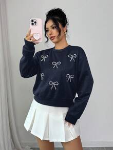 Selianne 女士休闲日常水钻蝴蝶结装饰卫衣，秋季 - 藏蓝色 - 查看 4