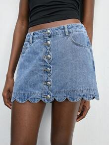 Maija Women's Casual Everyday Commute Shell Trim Single-Breasted Denim A-Line Skirt, Summer - Medium Wash - View 5