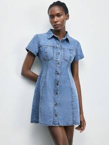Maija Women's Casual Everyday Commute Single-Breasted Cinched Waist Denim Dress, Summer - Medium Wash - View 5