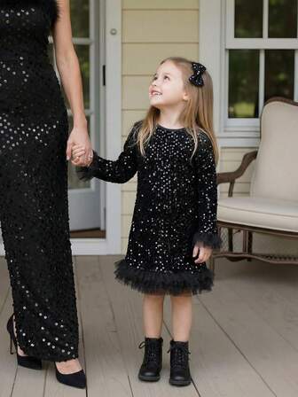 PrepCrw 1pc Young Girls' Elegant Urban Versatile Party Dress With Mesh Sleeve Trim, Black Velvet Sequin Decor, Long Sleeve Round Neck, Suitable For Casual Outings, Gatherings, Holidays, Parties, Autumn/Winter, Christmas, Halloween PartywearM Girls Sequin Dress Kids Sequin Dress Black Dresses For Little Girls Sparkling Clothes For Kids