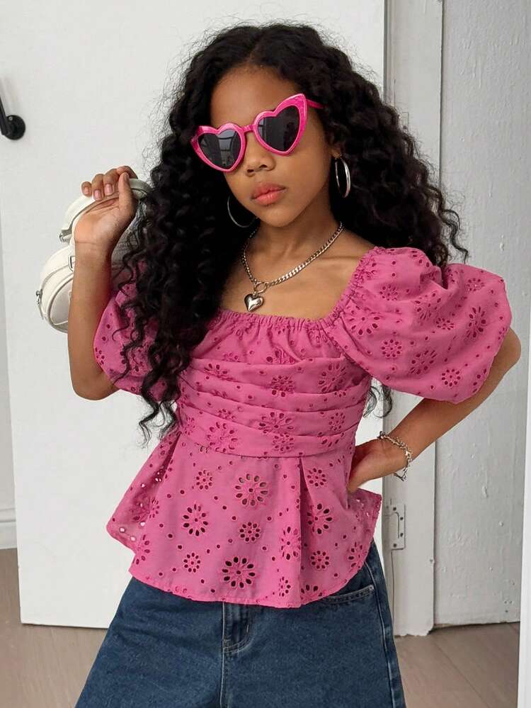 Tween Girls' Summer Casual Solid Color Hollow Out Embroidery Puff Sleeve Blouse