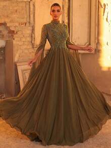 Glamrae 优雅奢华的珍珠亮片泡泡袖花卉拼接雪纺连衣裙，适合婚礼、派对、度假、舞会、晚礼服（装饰繁复） - 軍綠色 - 查看 3