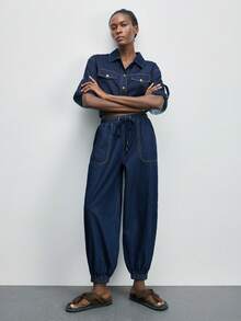 Maija Women's Casual Loose Drawstring Waist Jeans - Dark Wash - View 2