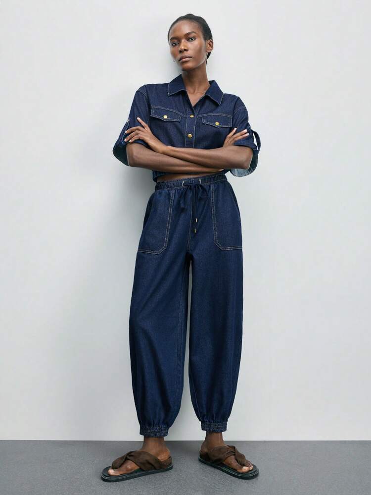 SHEIN Maija Women's Casual Loose Drawstring Waist Jeans,Low-Rise Balloon Pants, Summer Harem Pants